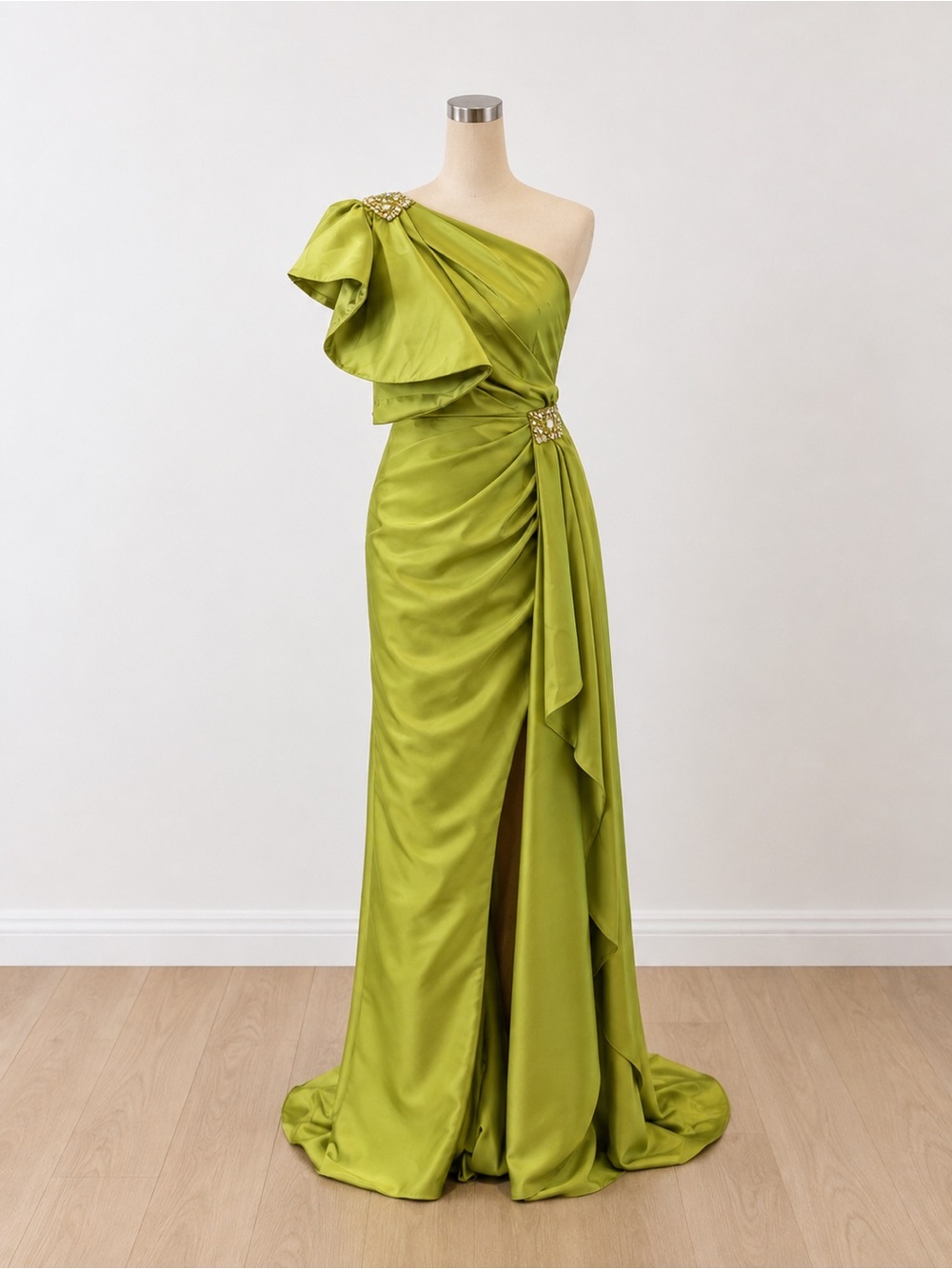 Terani Couture One-Shoulder Lime Green Satin Evening Gown